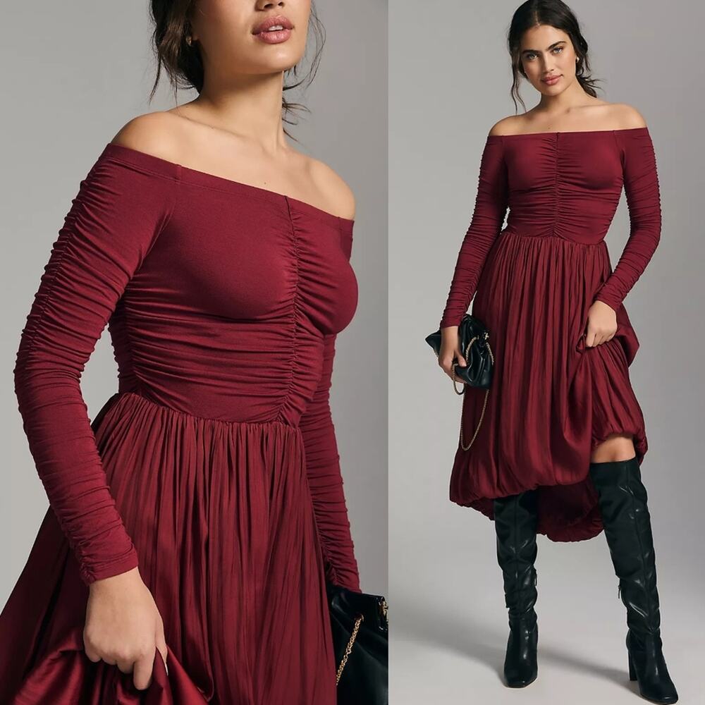 ANTHROPOLOGIE Red Ruched Bubble Hem Midi Dress Peasant Festival Renaissance Sz M